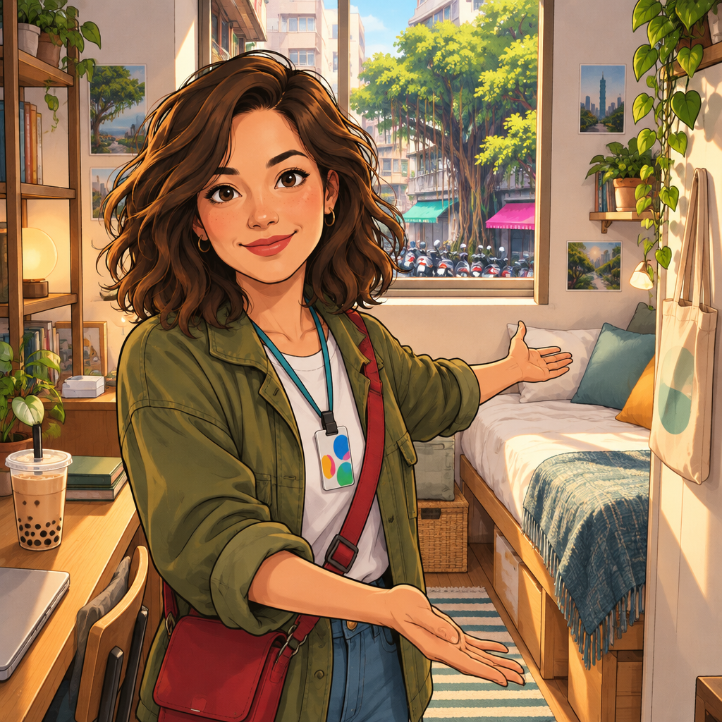 Maya stands in her compact apartment room, whose limited size is clear from the close-set furnishings.