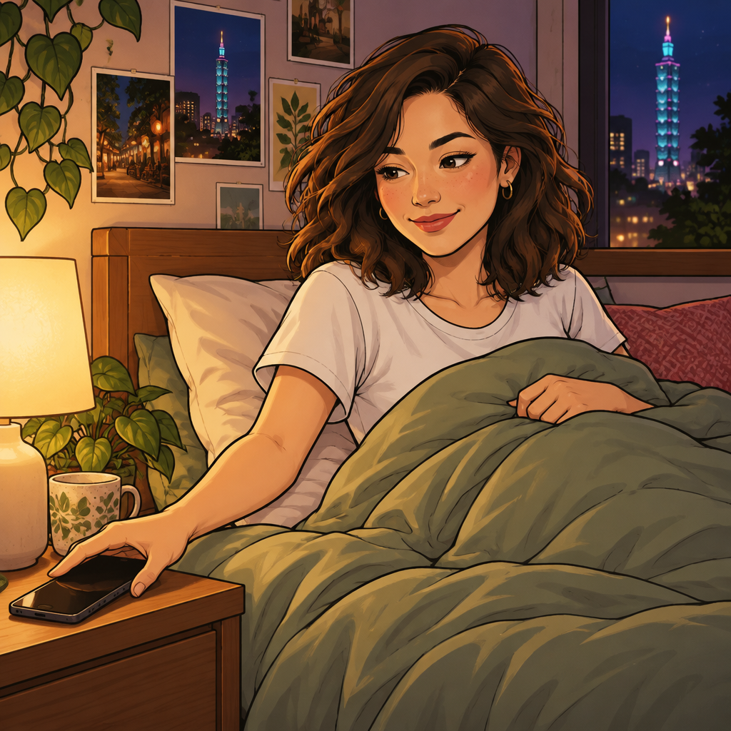 Maya gets ready for bed in her apartment late at night.