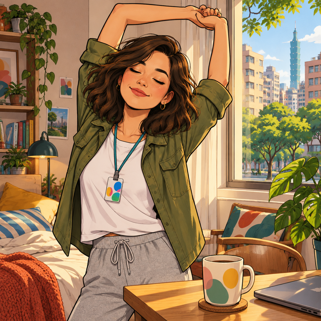 Maya enjoys a relaxed weekend morning at home, marking a change from her weekday routine.