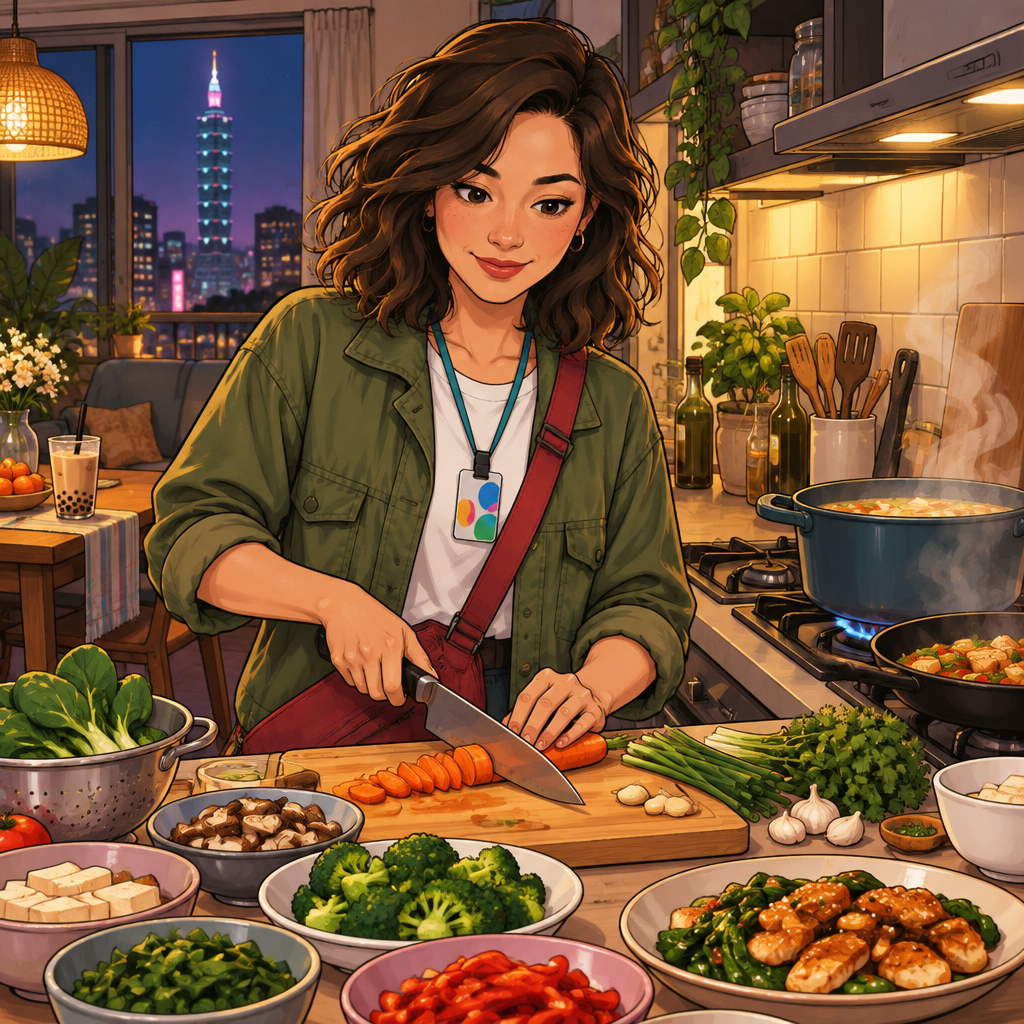 Maya spends the evening preparing a meal in her apartment kitchen.