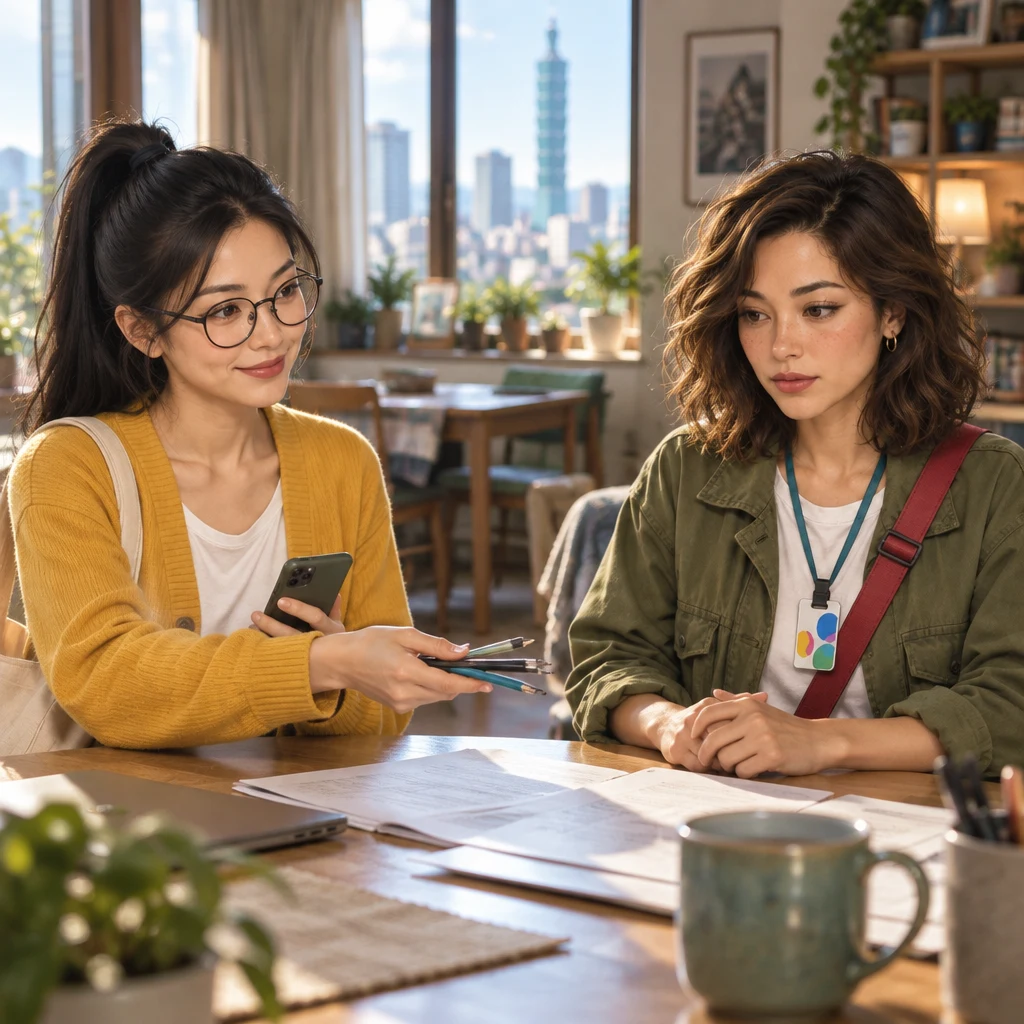 Yi-Jun holds extra pens out toward Maya and the open papers, offering to take on the work.