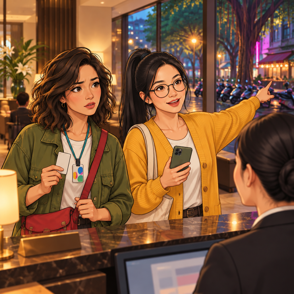 Maya and Yi-Jun report hotel-room problems to a front-desk clerk in a Taipei hotel.