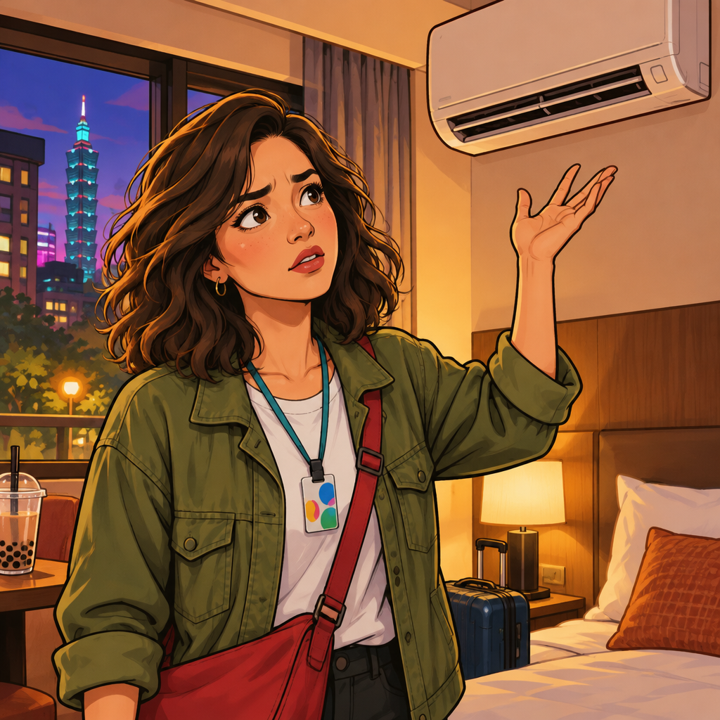Maya inspects a malfunctioning air conditioner in her hotel room.