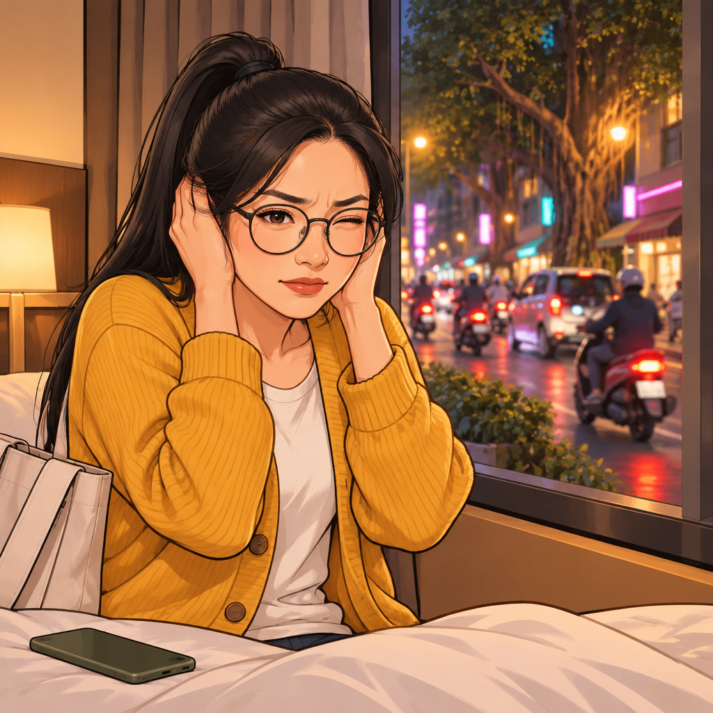 Yi-Jun looks bothered by traffic noise coming through his street-facing hotel-room window.