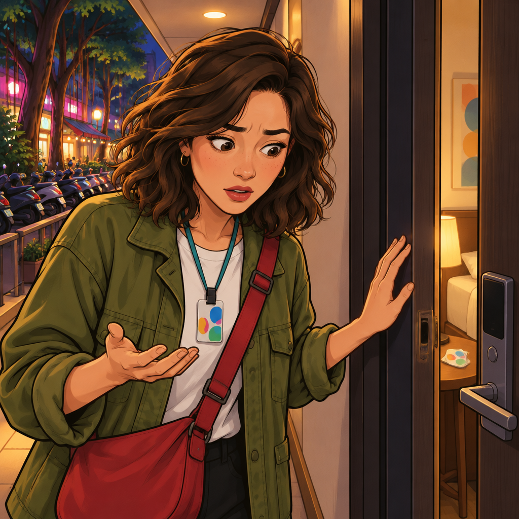 Maya stands in the hallway outside her hotel room, locked out and unable to enter.