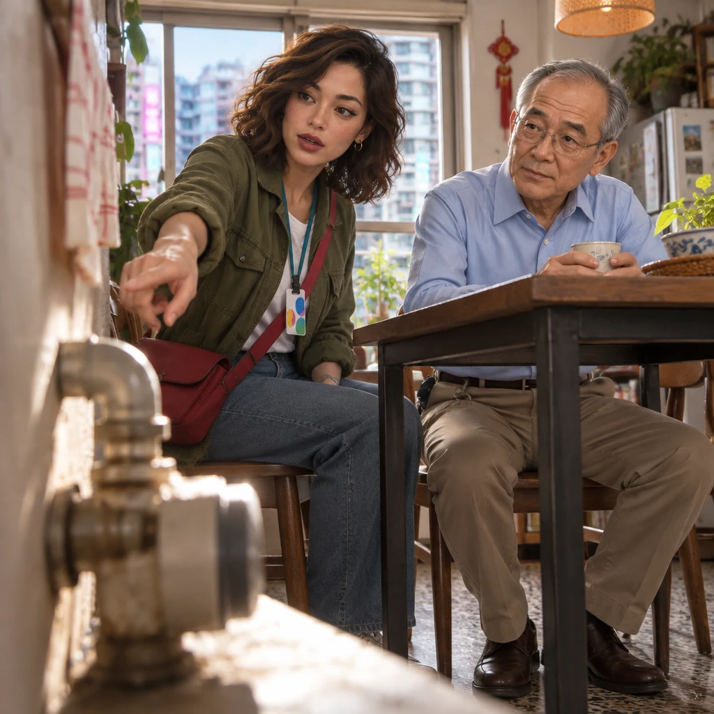 Maya asks who handles repairs as she points toward a small household fixture, and Mr. Wang listens.