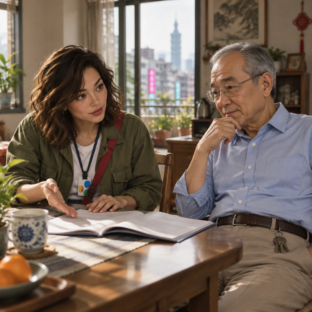 Maya asks about renewing while indicating the open pages, and Mr. Wang considers her question.