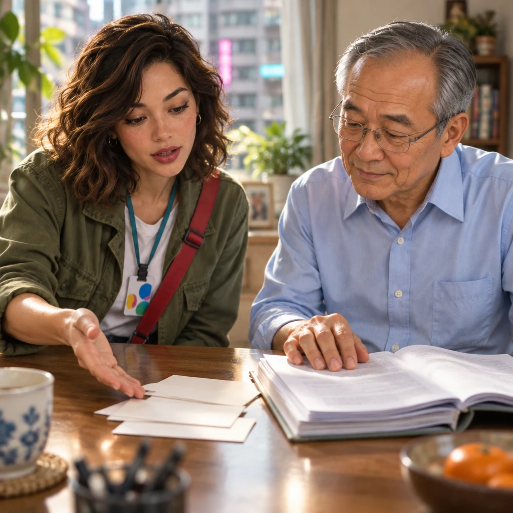 Maya asks whether there are other charges while gesturing toward a few blank slips beside the pages.
