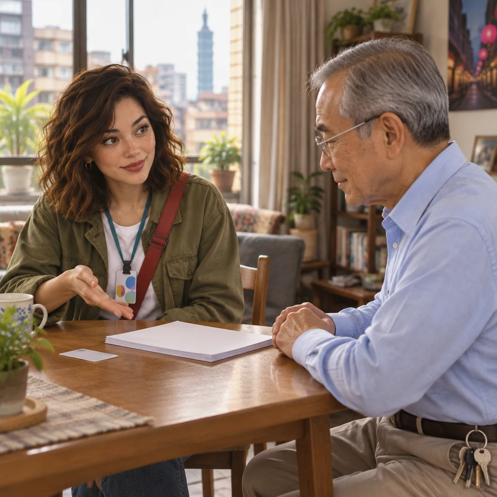 Maya asks what she needs to prepare, indicating a neat stack of blank papers and a plain card.