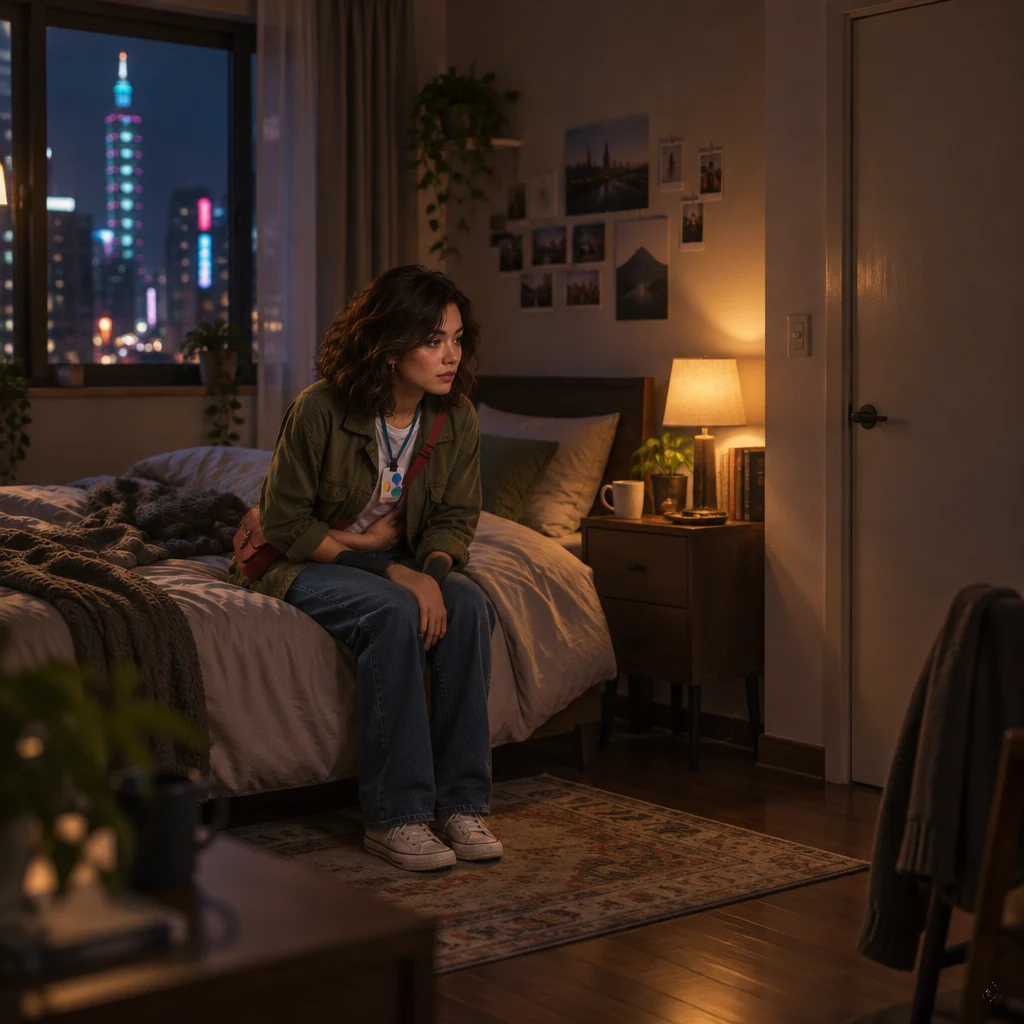 Maya sits small in her evening apartment, too unwell to go out.