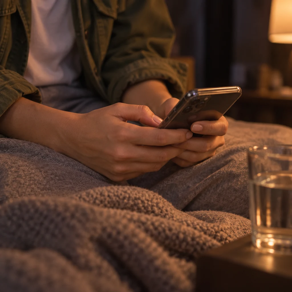 Maya holds her phone in bed and starts a message to cancel the plan.