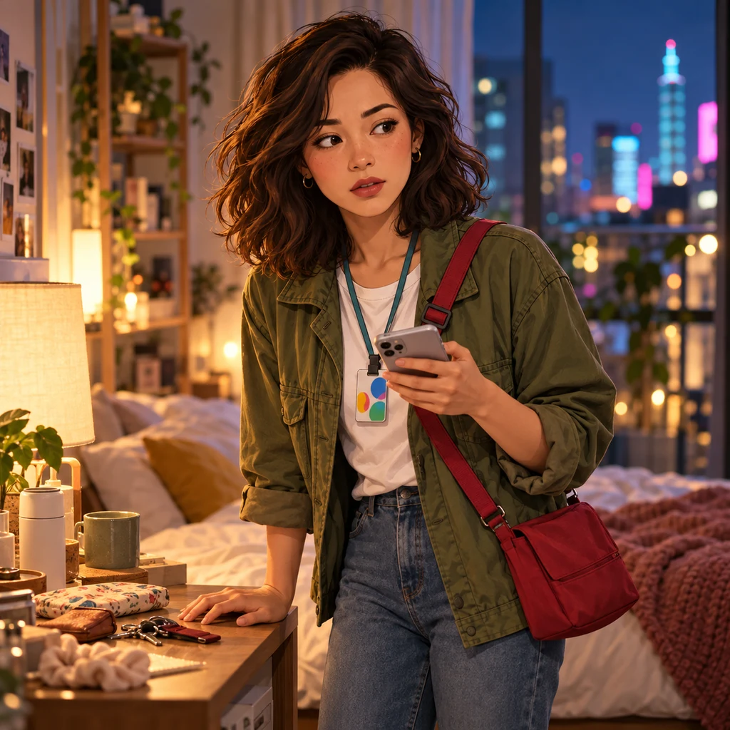Maya pauses by her bedside, distracted by an unexpected concern as she looks at her phone.