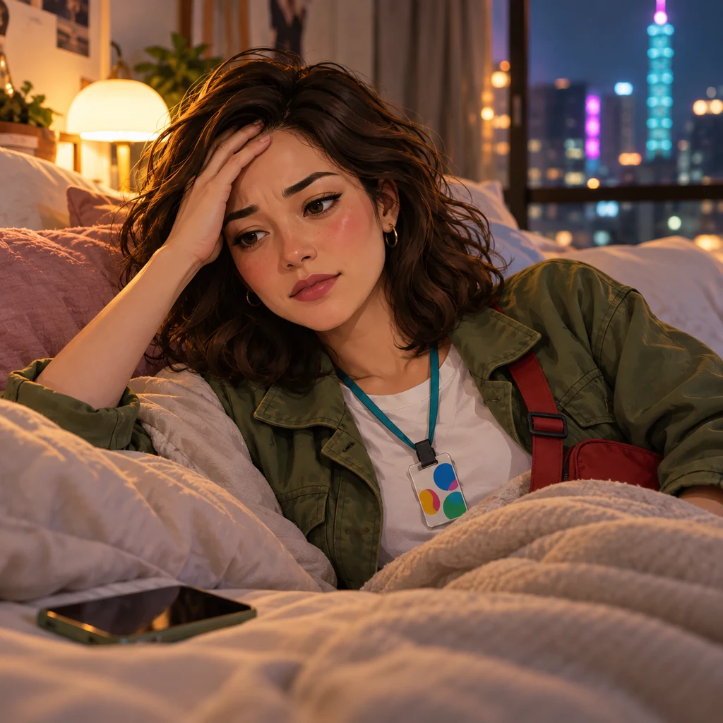 Maya lies under a blanket with a weary expression and one hand on her forehead.