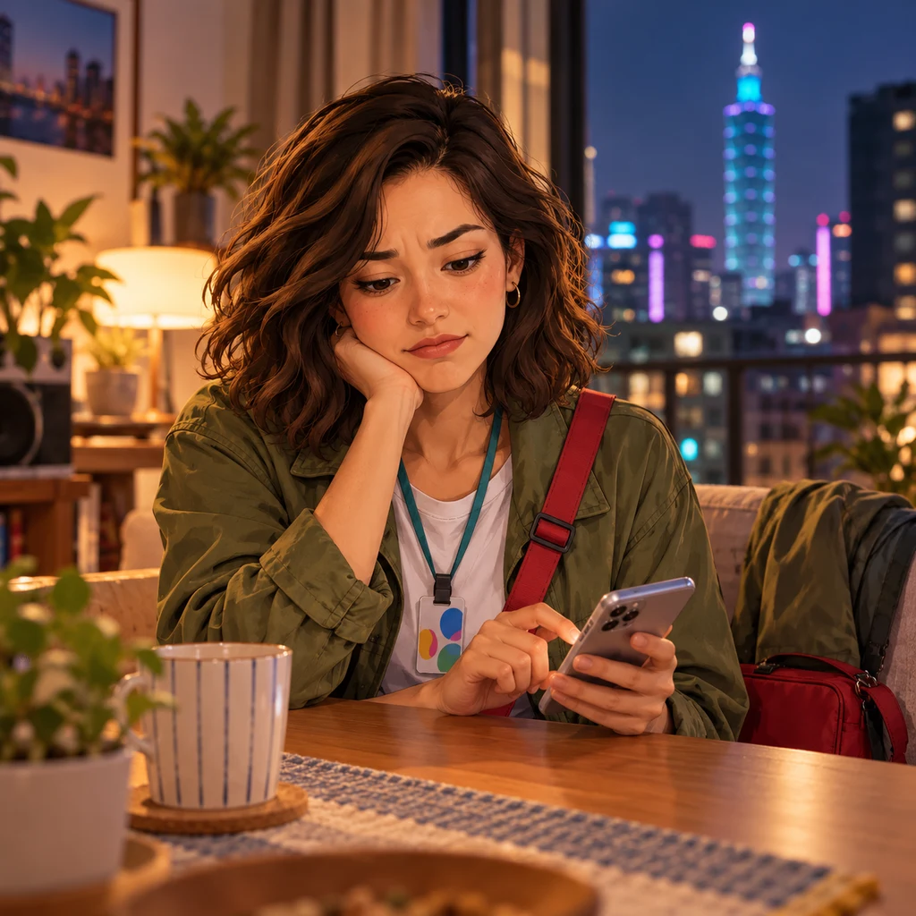 Maya sits at a small table and uses her phone to cancel the outing she had planned.