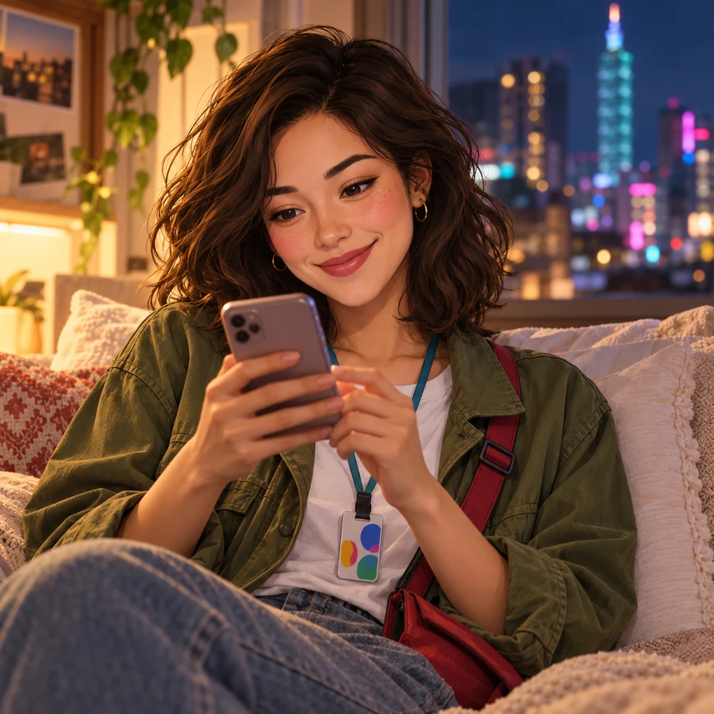Maya gives a relieved, grateful smile while holding her phone close.