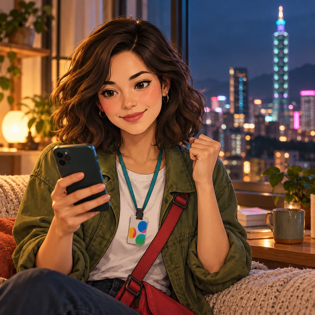 Maya looks hopeful as she makes a friendly gesture toward her phone while proposing a future meetup.