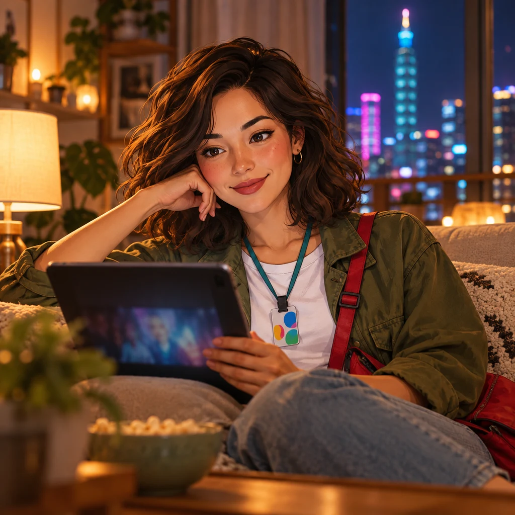 Maya relaxes at home on the couch and watches videos on a tablet.