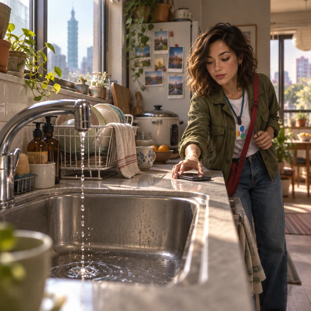 Maya notices the broken kitchen tap and reaches for the phone to call the landlord.