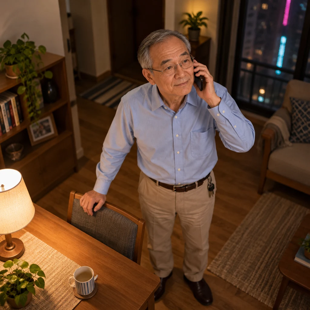 Mr. Wang stands in his Taipei apartment with a phone to his ear as he answers.