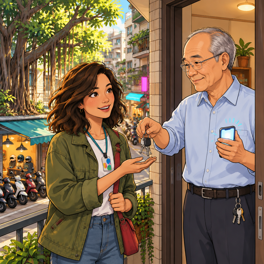 Mr. Wang waits in Maya’s apartment doorway above the scooter shop, holding out keys as his phone begins to ring.