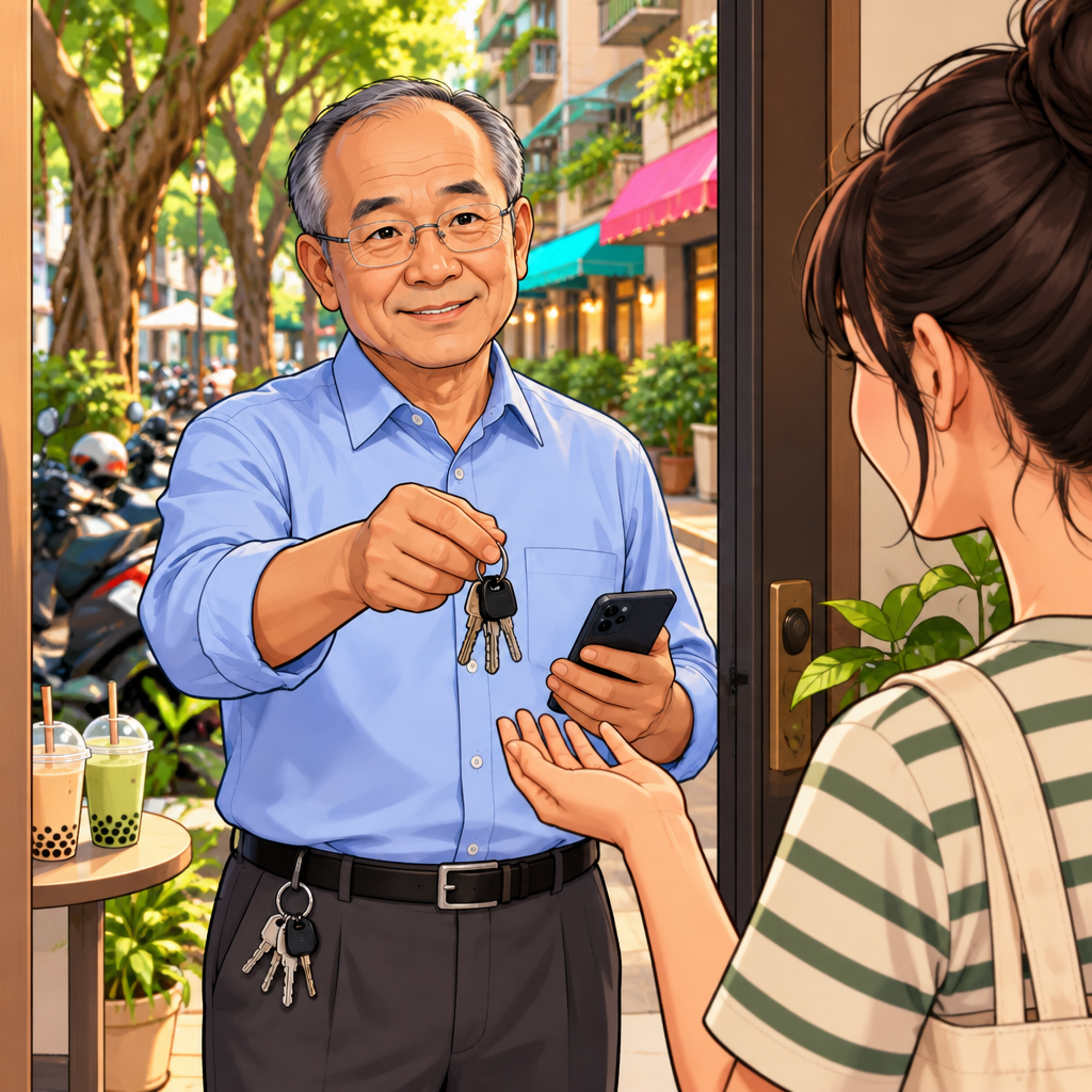 Mr. Wang holds out the keys for Maya to take.