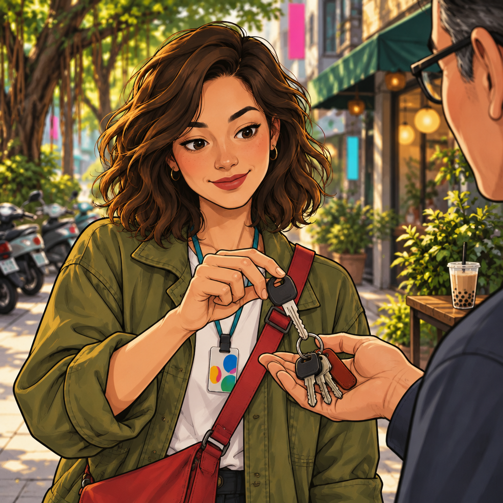 Maya reaches out and takes one key from the set.