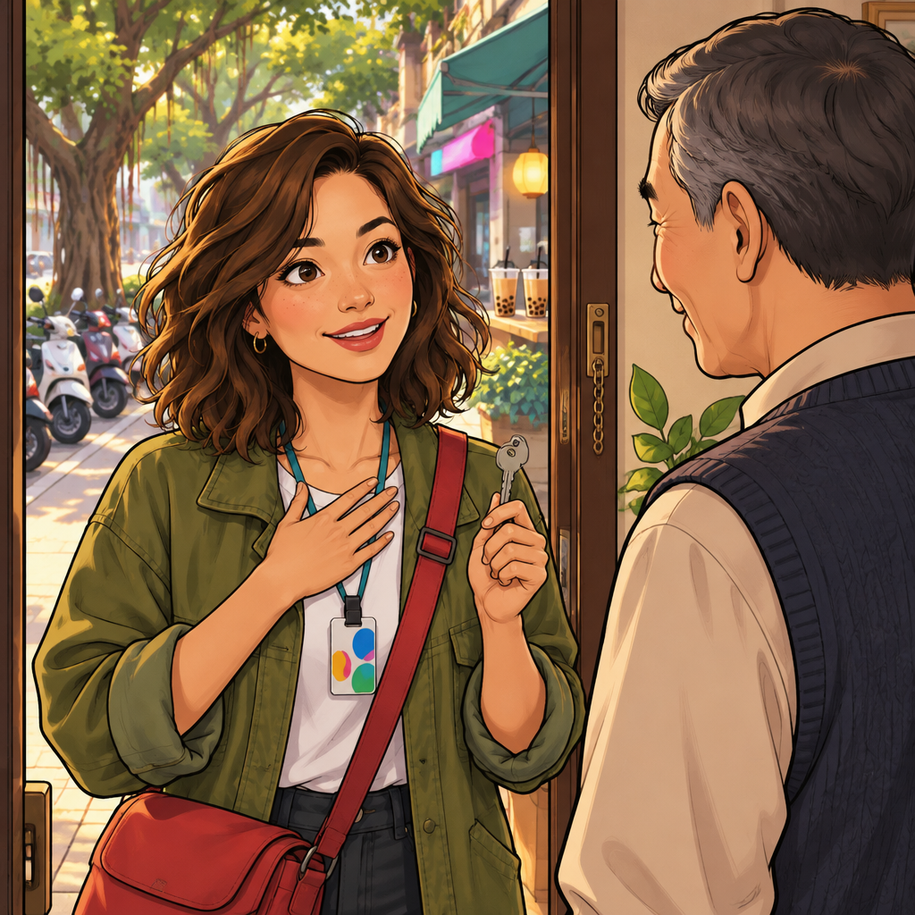 Maya turns toward Mr. Wang and thanks him warmly.