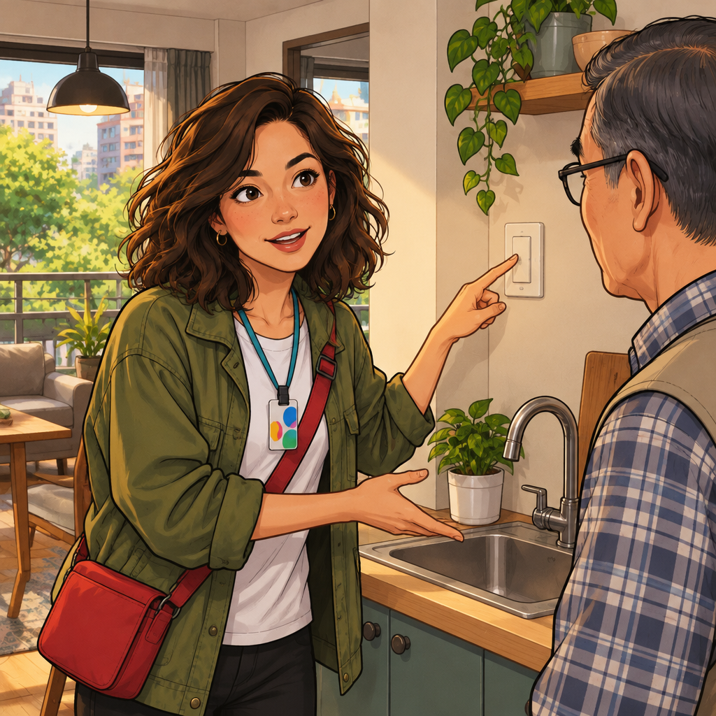 Maya gestures toward the water and power fixtures as she asks how to use them.