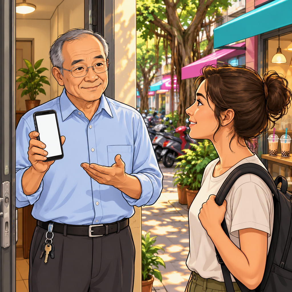 Mr. Wang gestures reassuringly with his phone, offering to take Maya’s call if she has a problem.