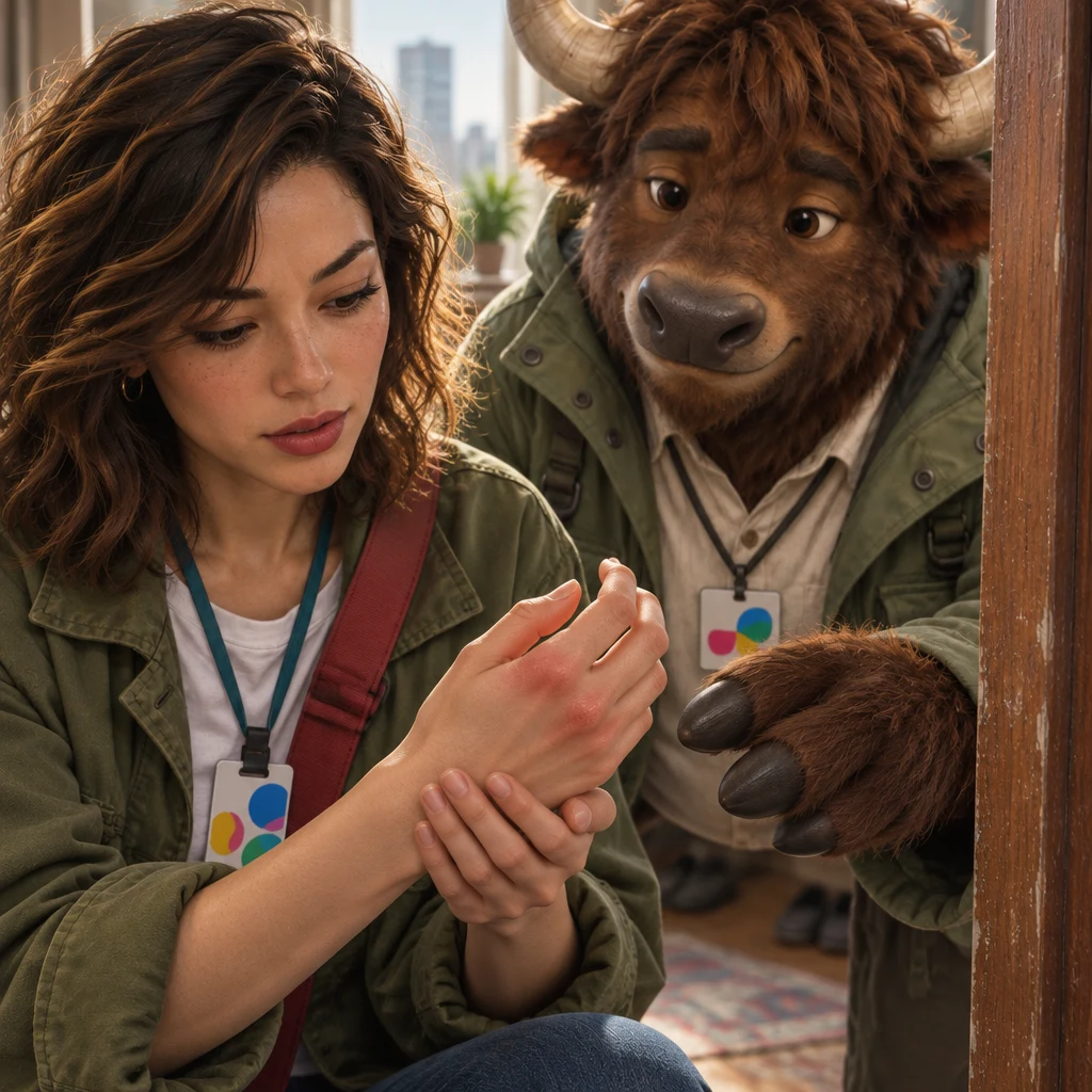 Maya cradles her injured hand beside the door she bumped, and A-Li reaches in to check it.