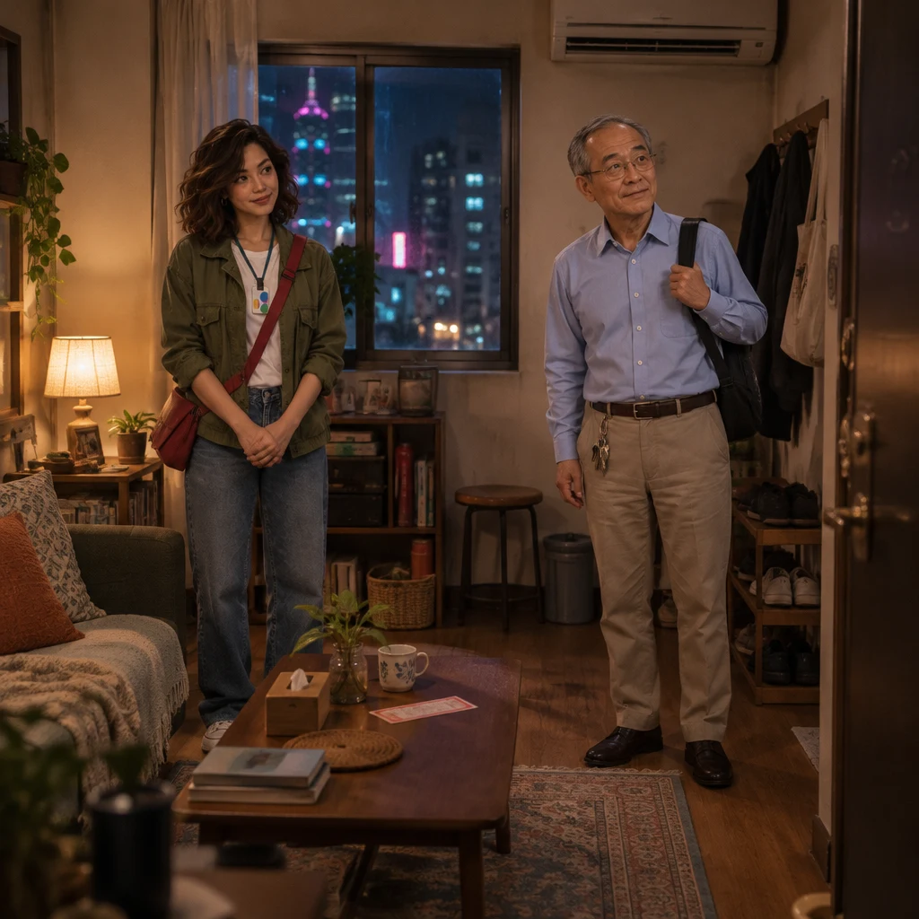 Maya and Mr. Wang stand small in her cramped apartment at night, looking around, with an untouched fortune slip on the table.