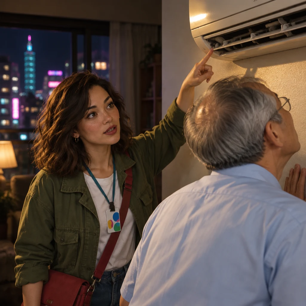 Maya points out the noisy air conditioner while Mr. Wang listens beneath it.