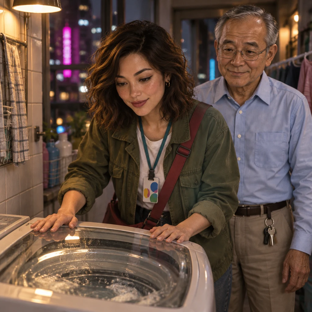 Maya checks the running washing machine while Mr. Wang watches from behind.