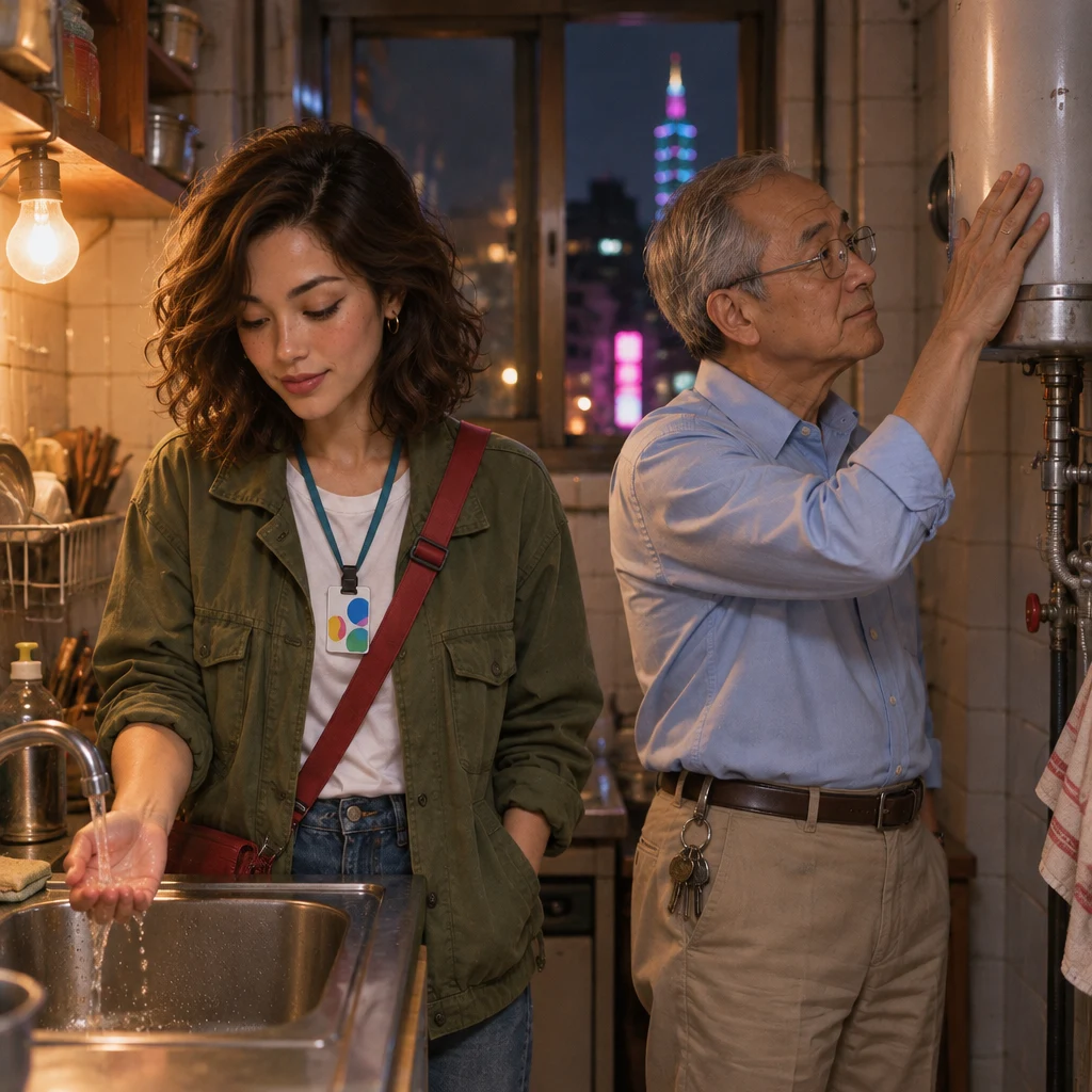 Maya tests the hot water at the sink while Mr. Wang inspects the water heater.