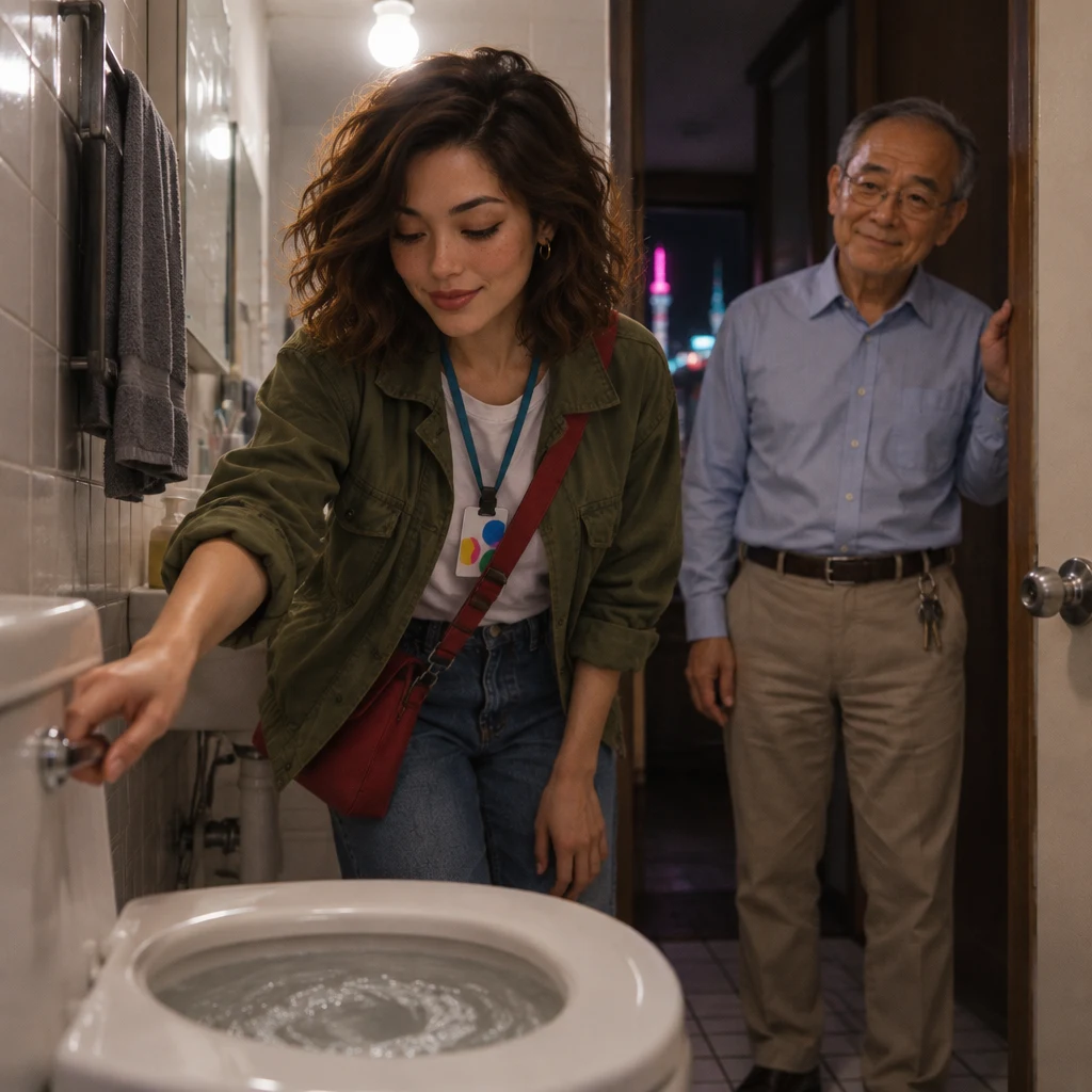 Maya flushes the toilet while Mr. Wang pauses in the bathroom doorway to look in.