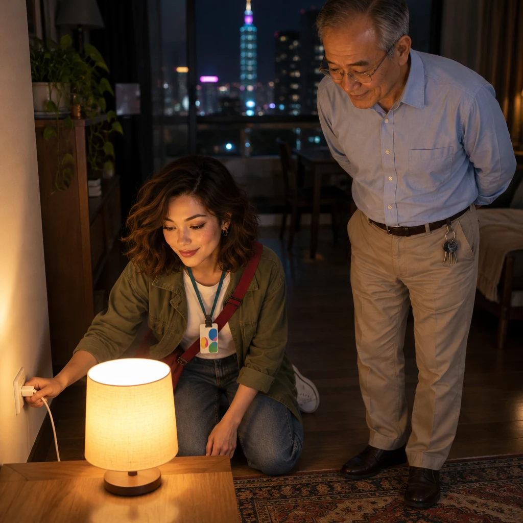 Maya plugs a small lamp into the outlet and it lights up while Mr. Wang looks down at it.
