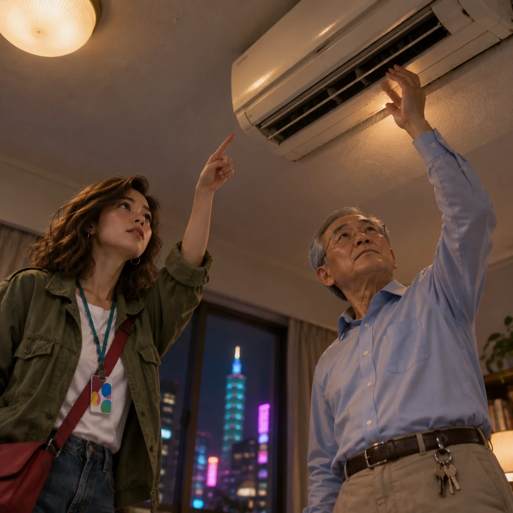Maya points firmly at the rattling air conditioner while Mr. Wang reaches up to inspect it.