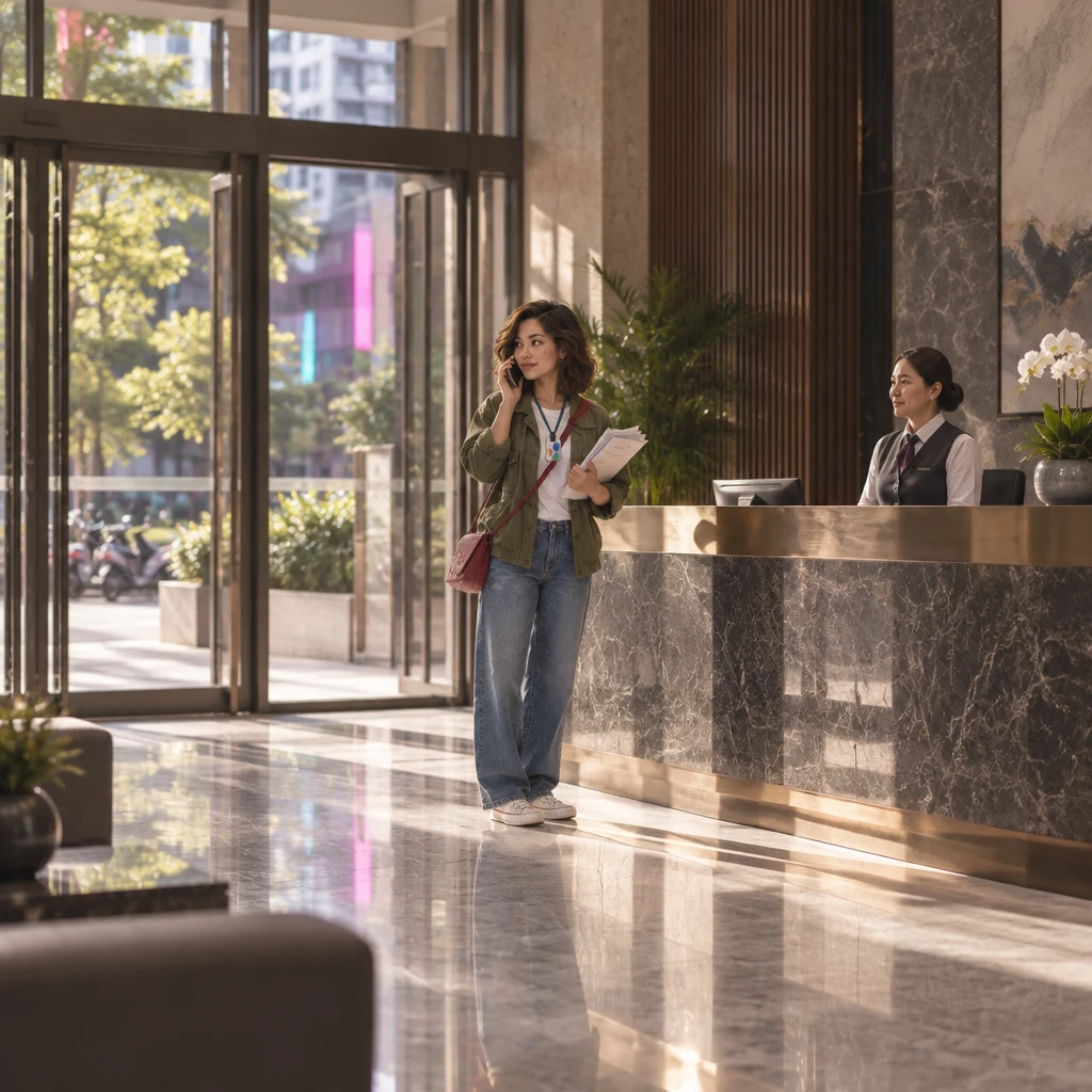 Maya stands beside the apartment management desk with payment papers and talks on the phone.