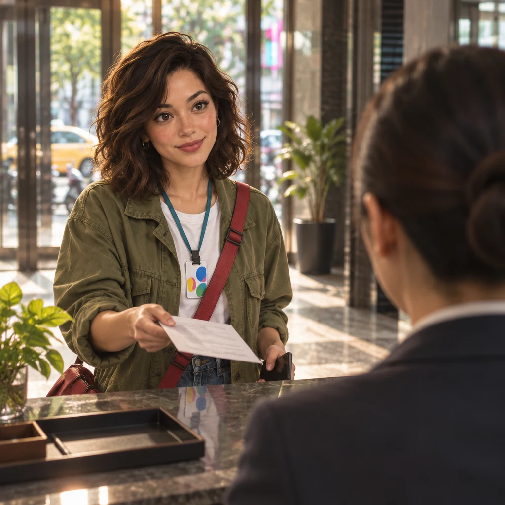 Maya asks the staff member at the desk whether she can pay by transfer.