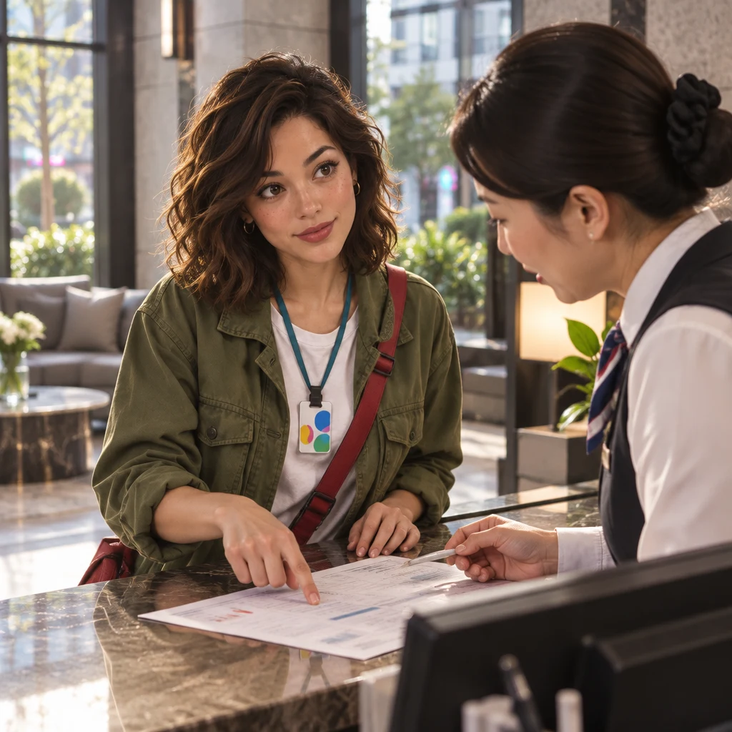 Maya points to her electricity notice and asks the staff member how the bill is calculated.