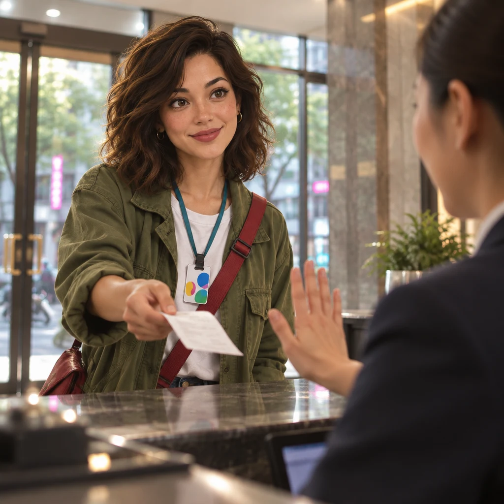 Maya holds out a receipt and asks whether she should give it to the staff member.