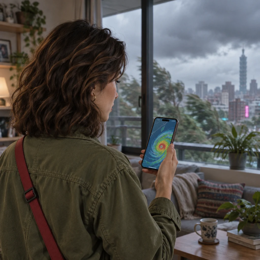 Maya holds out a phone and checks the typhoon forecast as wind presses the apartment window.