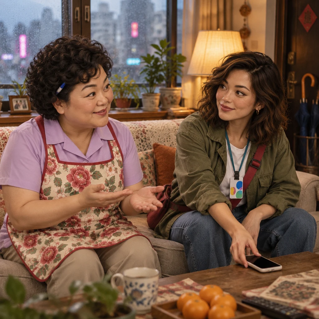 Auntie Lin sits with Maya and calmly plans to stay home with no work or school tomorrow.