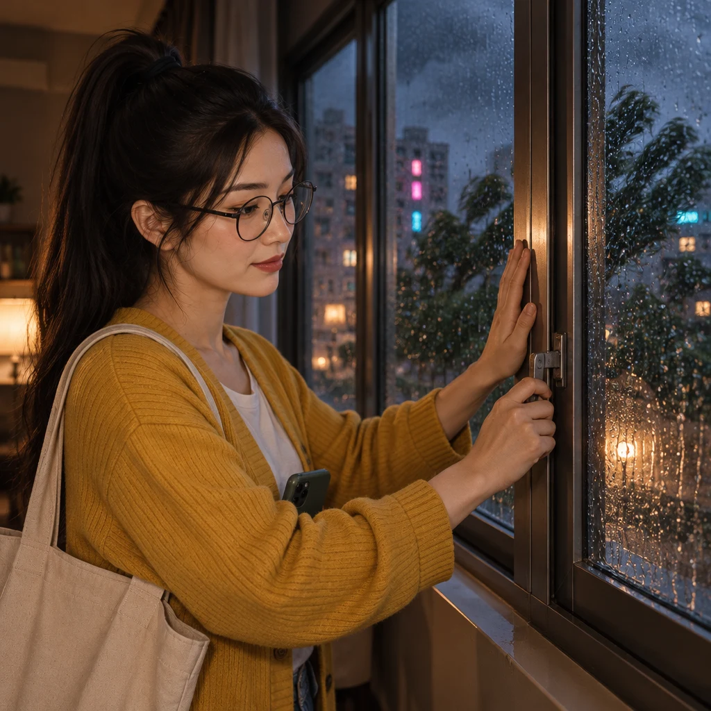 Yi-Jun shuts and checks the apartment windows before the storm.