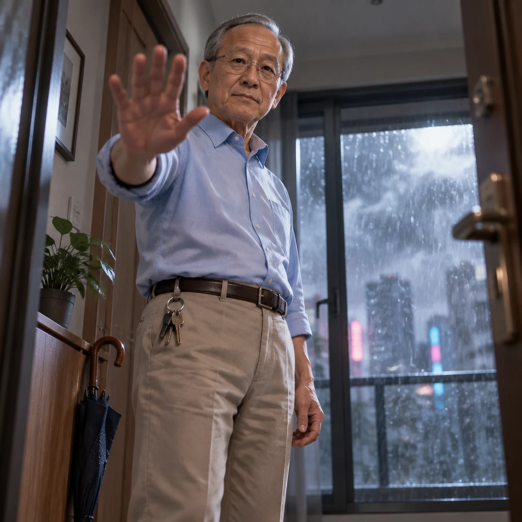 Mr. Wang stands in the doorway with a firm stop gesture, telling people not to go out.