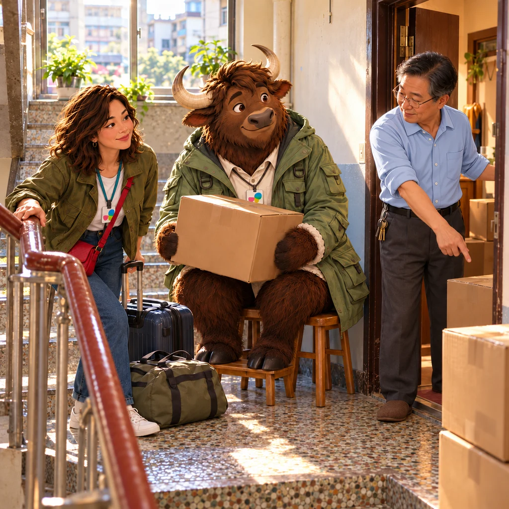 On a Taipei second-floor landing stacked with plain cardboard boxes, Mr. Wang stands in the open flat doorway pointing at each box, Maya stands beside luggage she has just brought up, and A-Li sits on two stools on the stairs with one more carton.