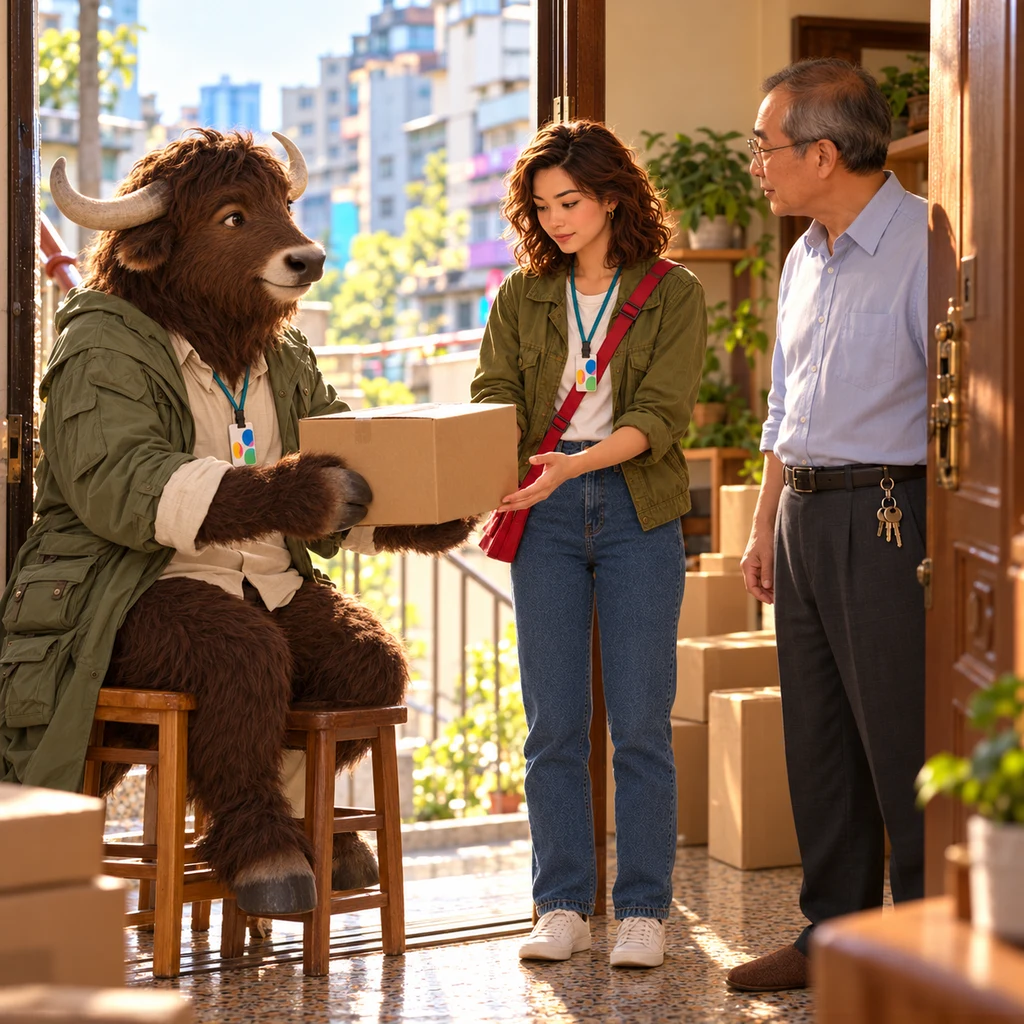 A-Li sits on two stools on the landing and holds out a plain carton toward Maya so she can pass it to Mr. Wang in the doorway.