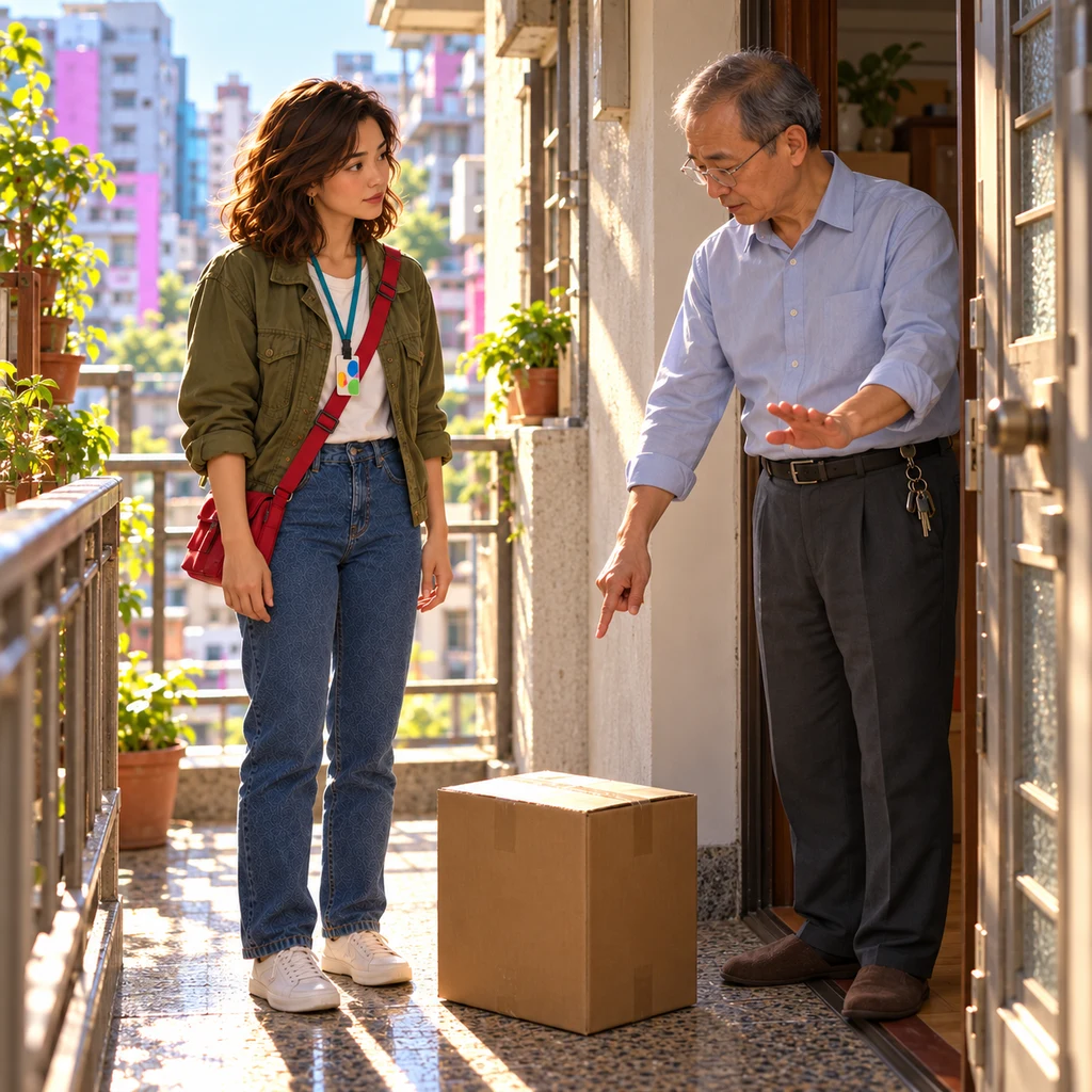 Mr. Wang stands in the doorway pointing at a carton on the floor with one hand and holding the other palm down so the carton stays where it is.