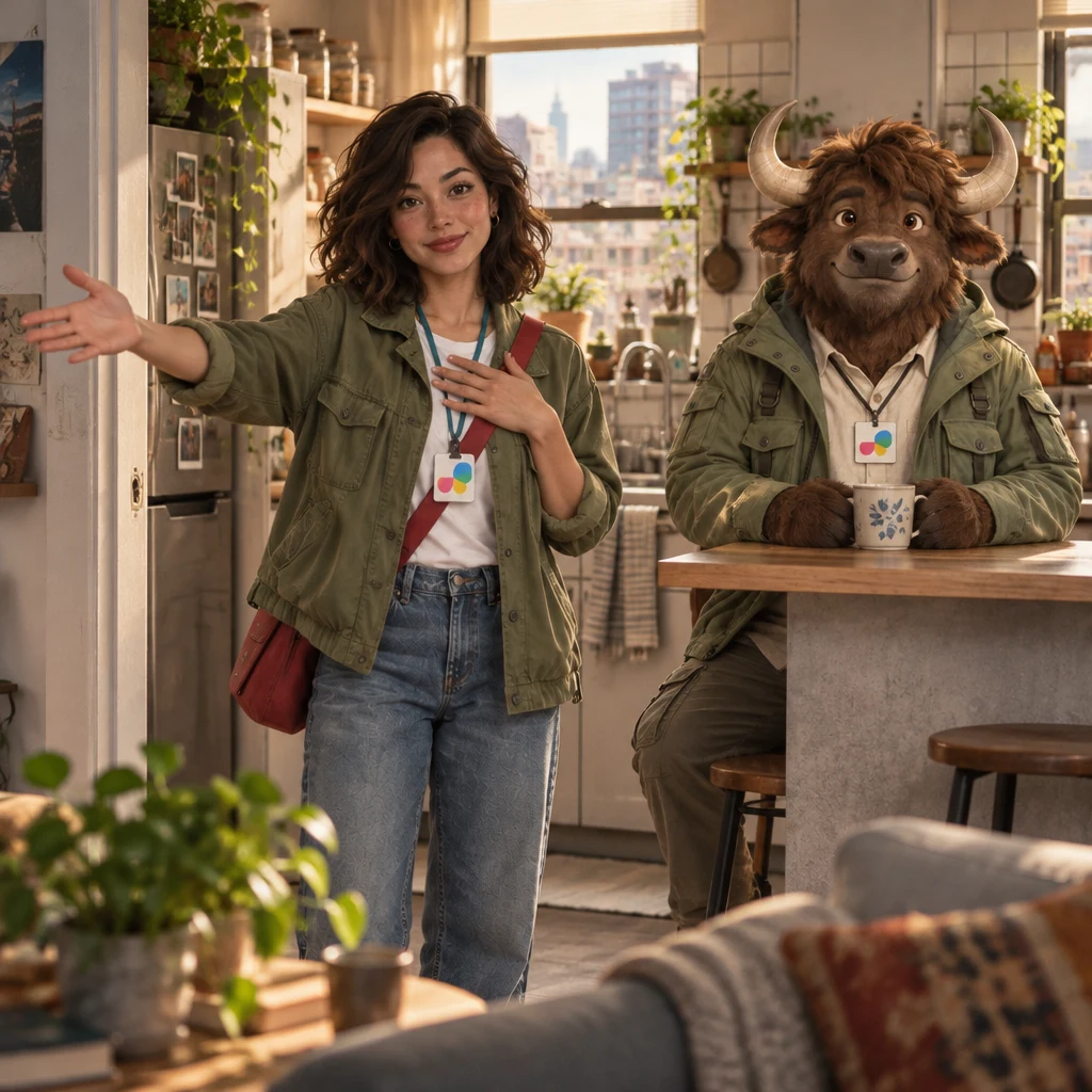 Maya stands in the kitchen doorway with a palm on the chest and a sweep of the room to show she is home, while A-Li the yak stays parked on two stools behind her.