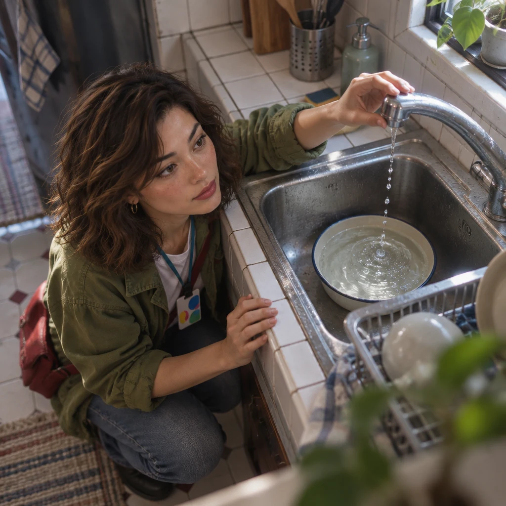 Maya crouches at the still-dripping tap and touches the metal to check whether anything has been repaired.